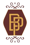 This image shows an ornate emblem with overlapping golden letters "D" and "P" on a maroon background, surrounded by decorative patterns.