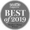 Gray circular badge reading "Seattle Magazine Best of 2019 Readers' Choice Winner."