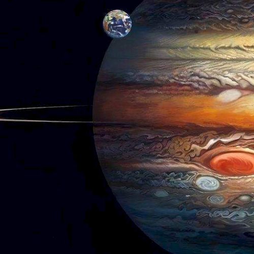 An artistic depiction of a large gas planet, possibly Jupiter, with swirling clouds, a prominent red spot, and a smaller Earth-like planet nearby.