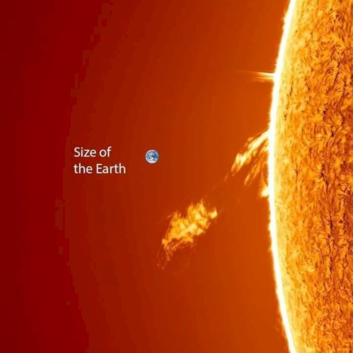 The image compares the size of the Earth to the Sun, showing Earth as a tiny circle next to a massive section of the Sun's surface.