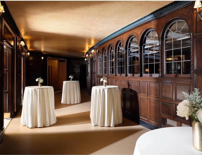 A hallway features round tables with white tablecloths and small floral arrangements, surrounded by dark wood paneling and arched windows.