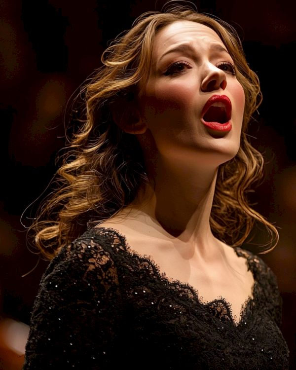 A woman in elegant attire is singing passionately on stage against a blurred background of people.