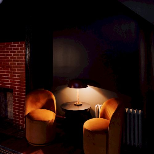 A cozy corner with two yellow chairs facing a small table and lamp, set against a dark background with a brick wall.