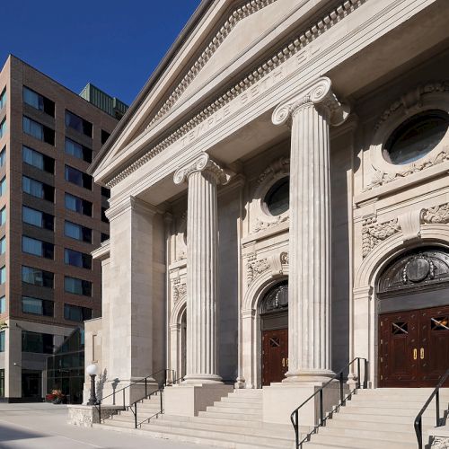 The magnificent facade of the restored Bonstelle Playhouse.